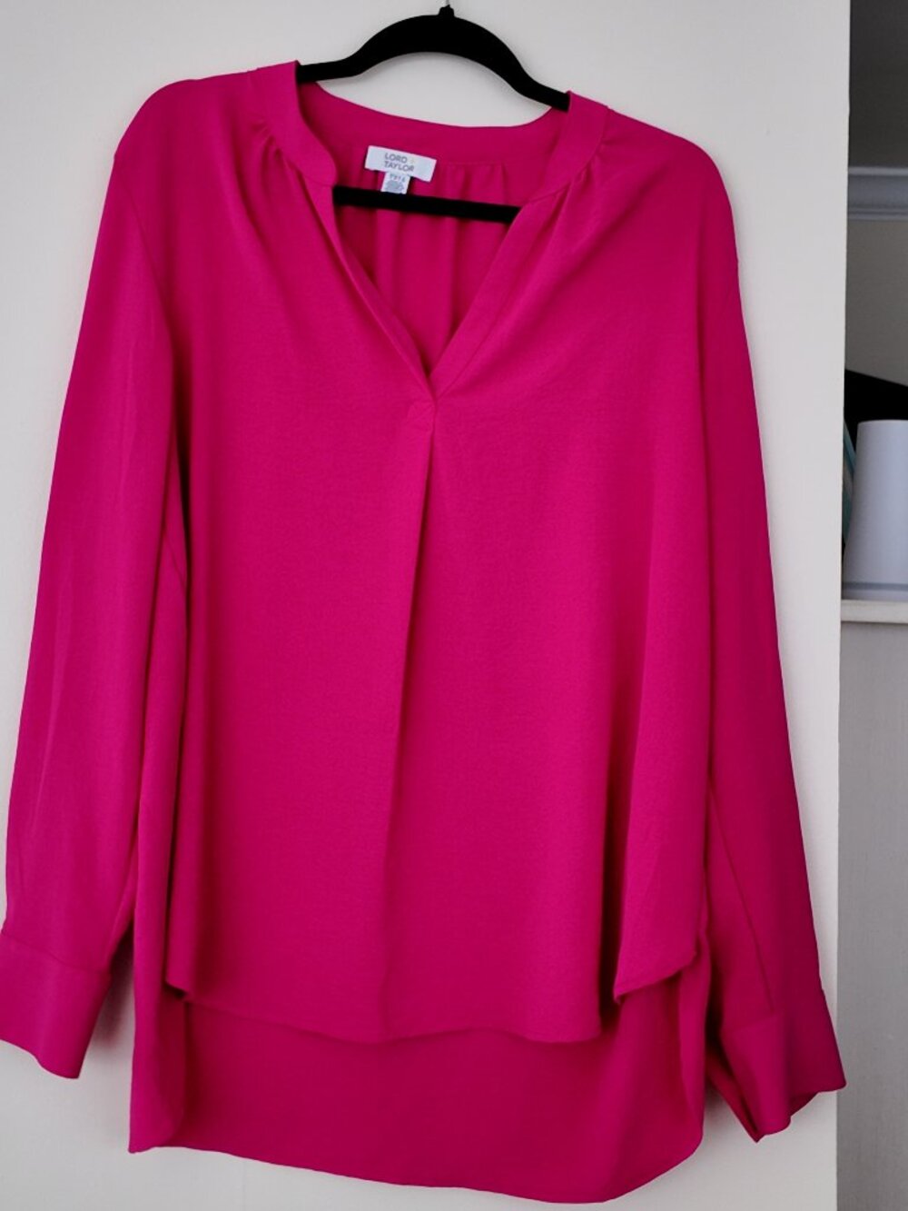Lord & Taylor Hot Pink Magenta Pleated V-Neck Layered Hem Blouse